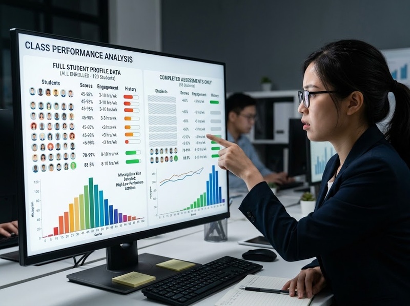 Dữ liệu thiếu trong đánh giá học tập có thể gây sai lệch gì?